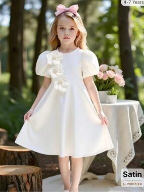 SHEIN White Satin Floral-Appliqué Puff-Sleeve Girls Dress